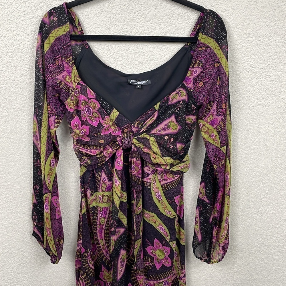 Vintage Betsey Johnson Black Label Floral Long Sleeve Tie Front Dress Y2K Sz 8 - Picture 3 of 12